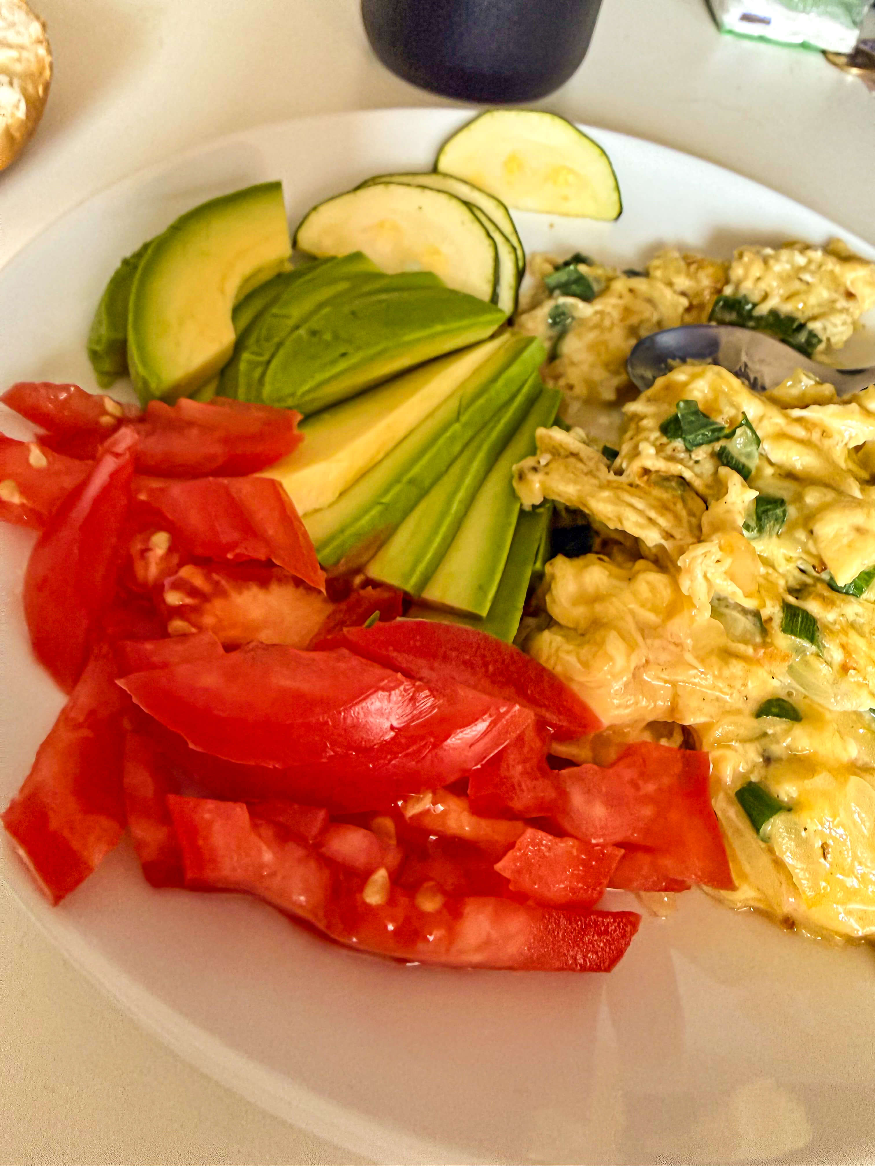 Breakfast on 2026-07-19: scrambled eggs with avocado, tomato, and zucchini