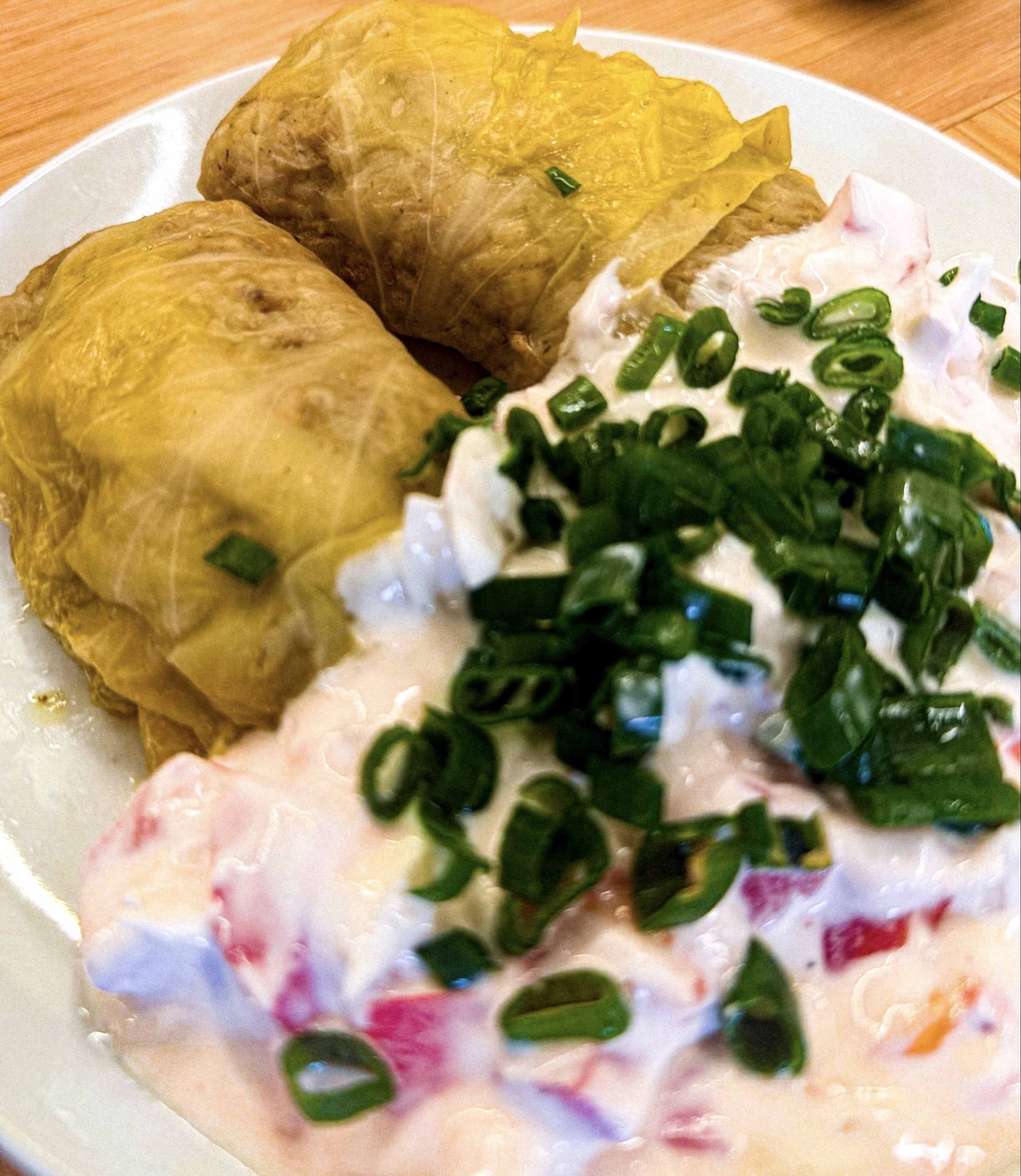 Dinner on 2026-07-19: two cabbage rolls with meat, Greek yogurt, tomato-onion salad, and chives