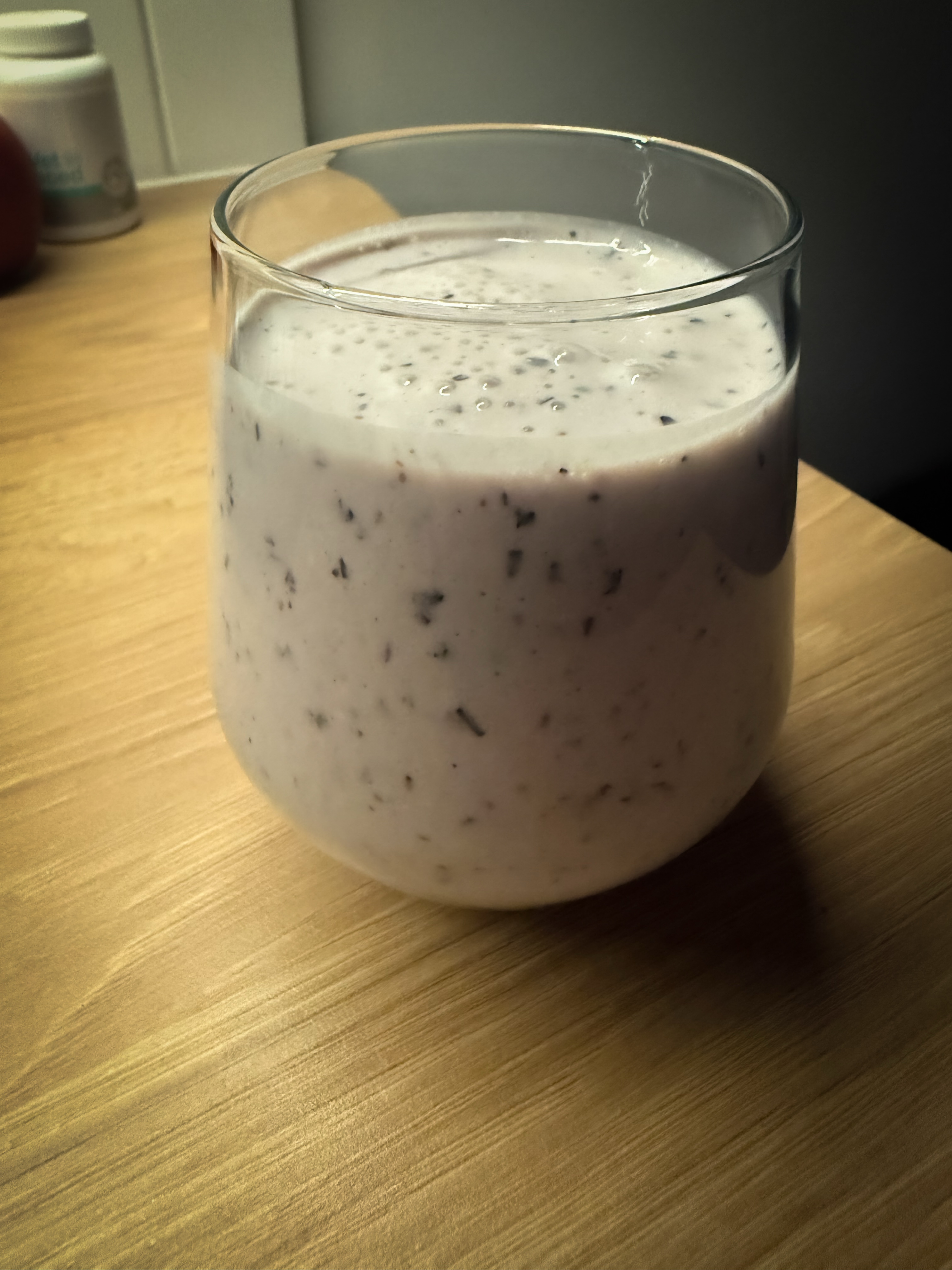 Late smooth supper on 2026-07-19: a dairy-fruit drink with banana, blueberries, cottage cheese, kefir, skyr, vanilla milk, and protein powder