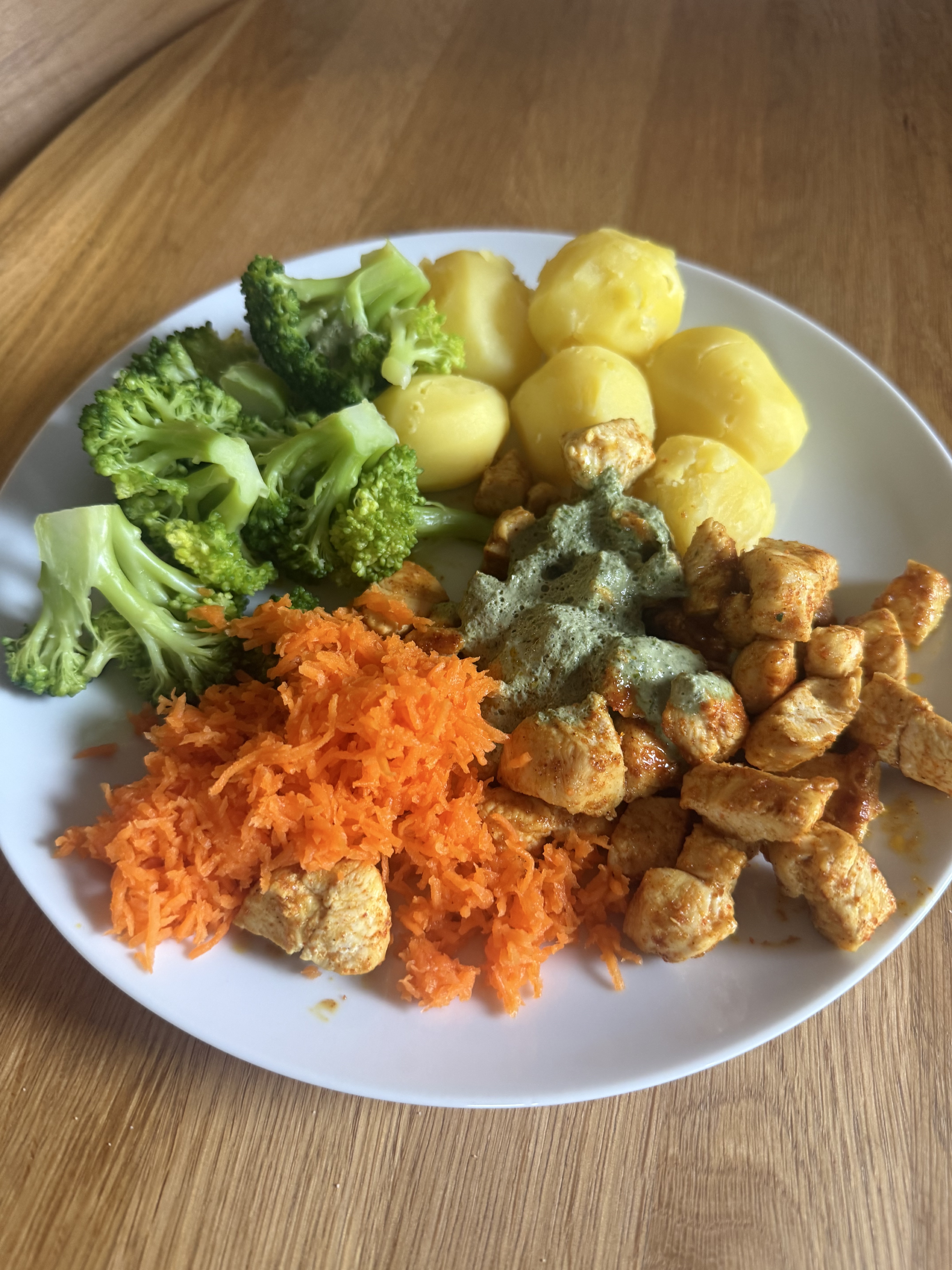 Dinner on 2026-07-24: chicken pieces with boiled potatoes, broccoli, grated carrot, and a green herb-style sauce
